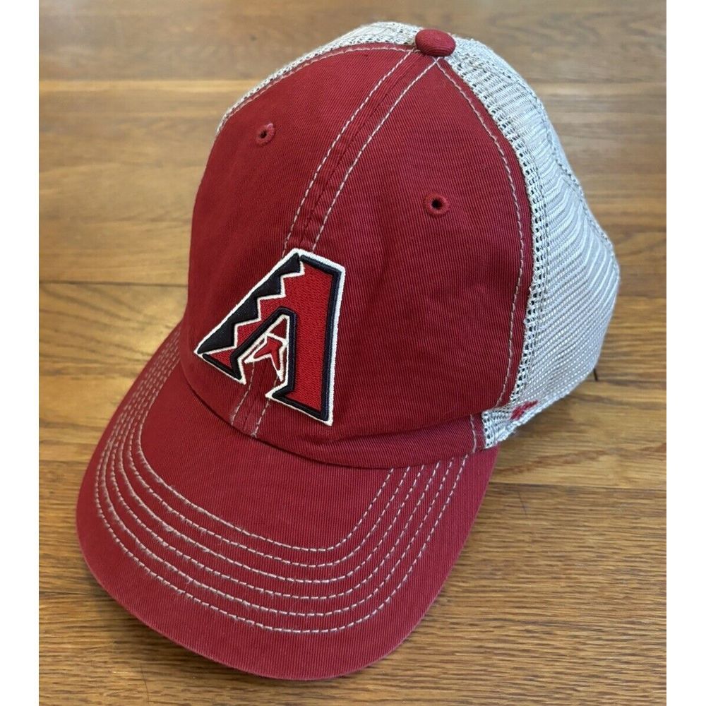 MLB‎ Arizona Diamondbacks 47 Brand Snap Back Trucker Hat Mesh Red Tan Distressed